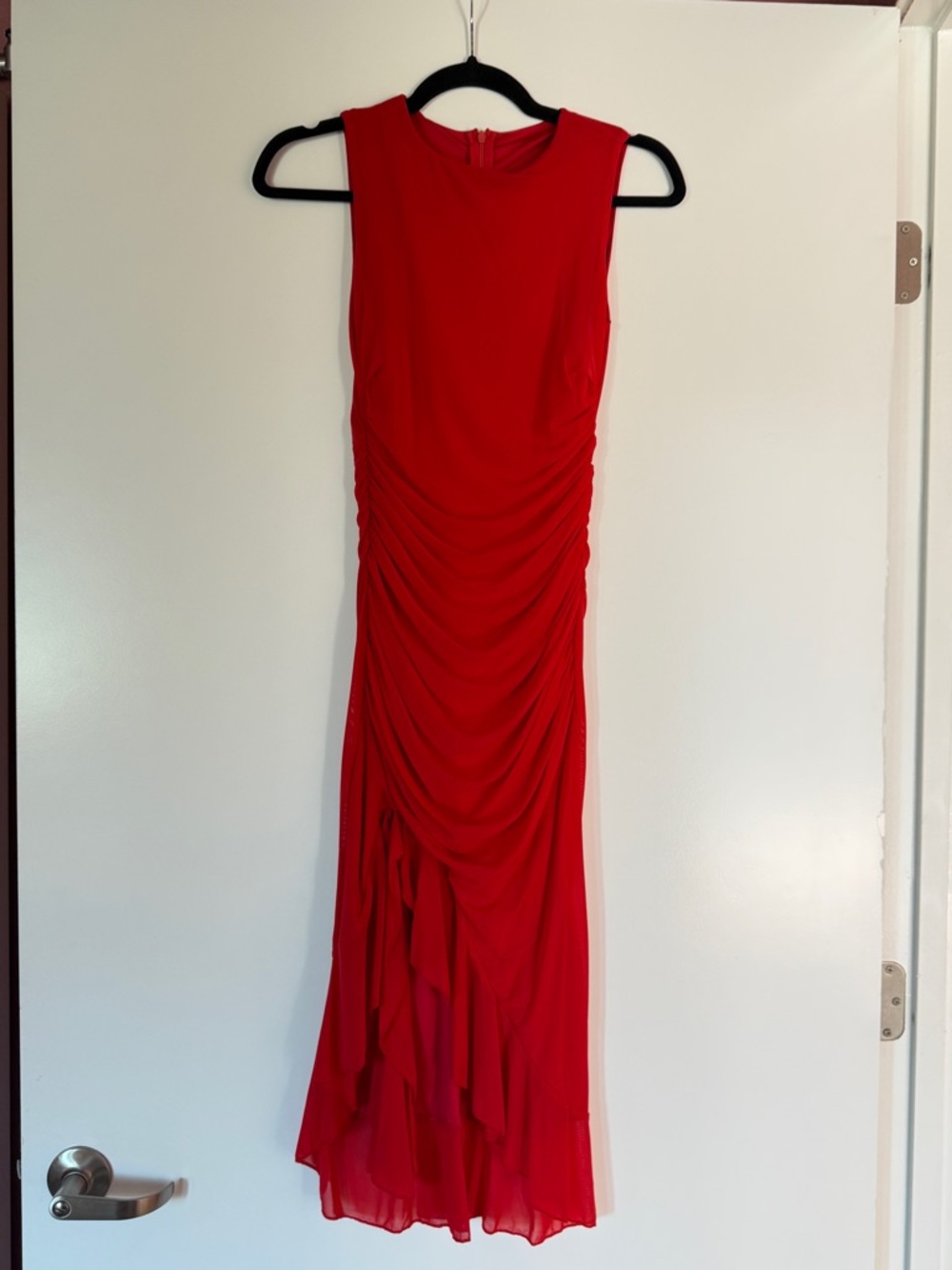 Red Ruched Sleeveless Midi Dress